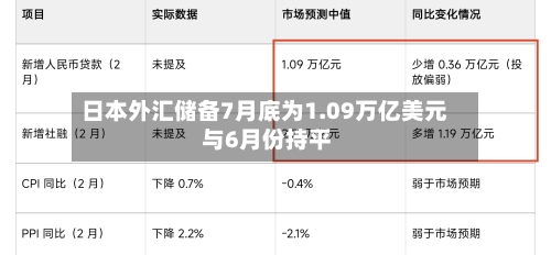 日本外汇储备7月底为1.09万亿美元 与6月份持平