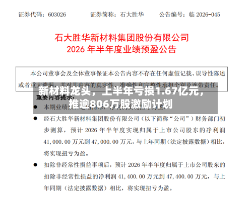 新材料龙头，上半年亏损1.67亿元，推逾806万股激励计划-第2张图片