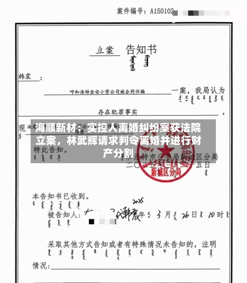 海顺新材：实控人离婚纠纷案获法院立案	，林武辉请求判令离婚并进行财产分割-第2张图片